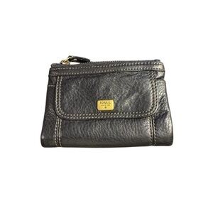 Fossil Black Leather Small Zip Pouch Wallet with Gold Hardware